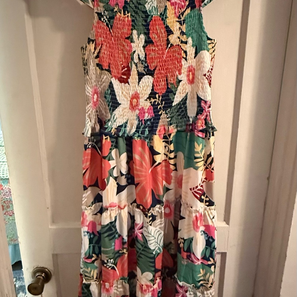 Floral Maxi Dress in Green, Coral & White - Smocked Bodice